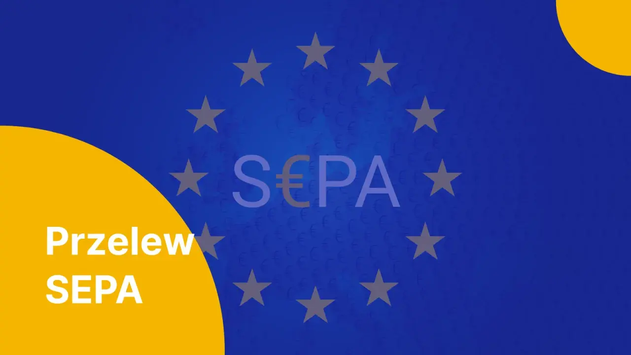 Przelew SEPA. Grafika z symbolem euro i gwiazdami Unii Europejskiej, nawiązująca do europejskich przelewów.