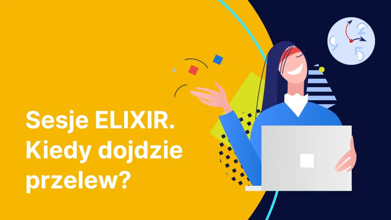 Uśmiechnięta kobieta z laptopem czeka na sesje ELIX. Kiedy dojdzie przelew? Zegar pokazuje, że czas płynie.