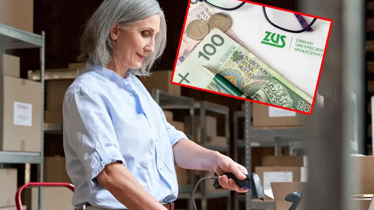 Kobieta w magazynie skanuje paczkę, a obok widnieje symbol ZUS z pieniędzmi, sugerujący emeryturę stażową.