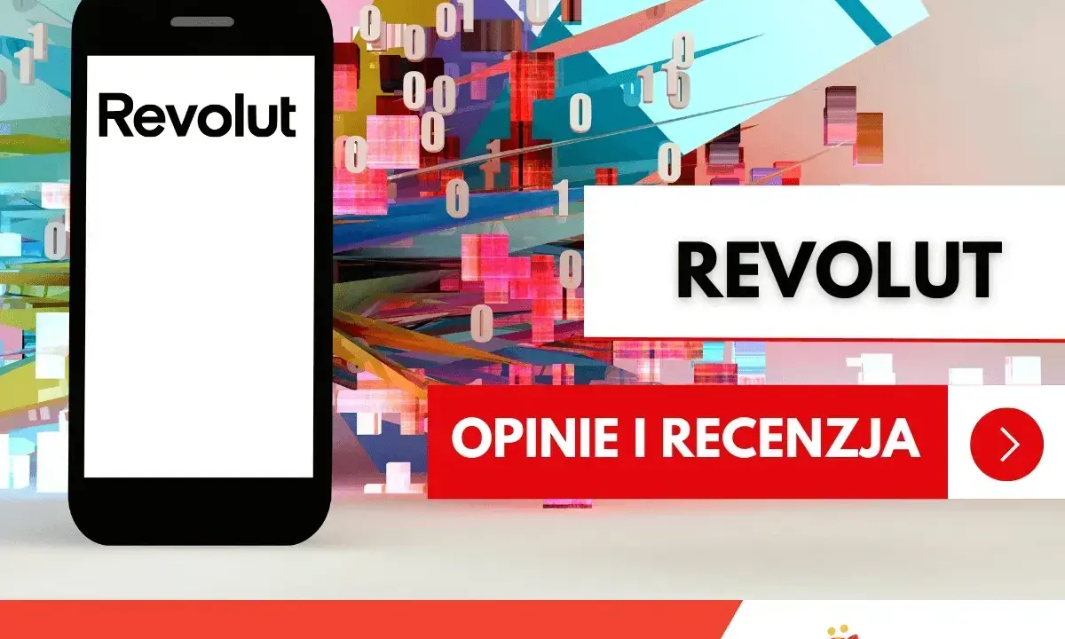 Telefon z logo Revolut, gotowy do revolut płatność telefonem. Tło z cyframi i kolorowymi blokami.