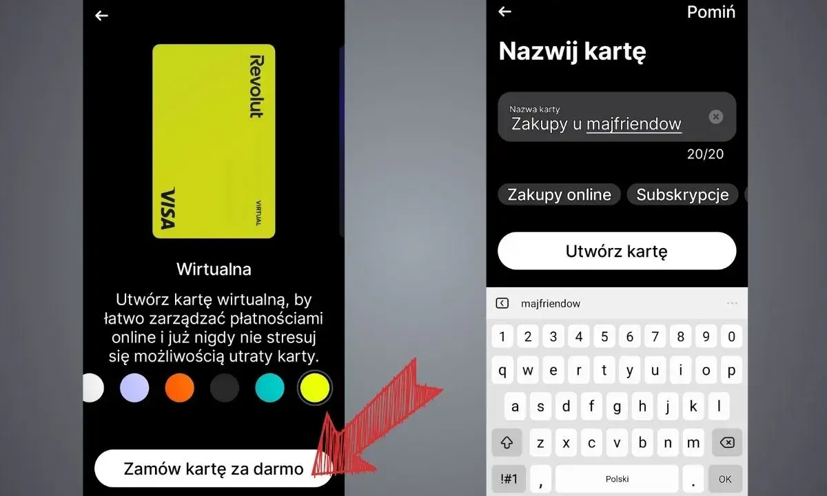 Ekran aplikacji Revolut: tworzenie wirtualnej karty. Szybkie zamawianie karty, by uniknąć stresu. Ile się czeka na kartę Revolut? Wirtualna karta jest dostępna od razu.