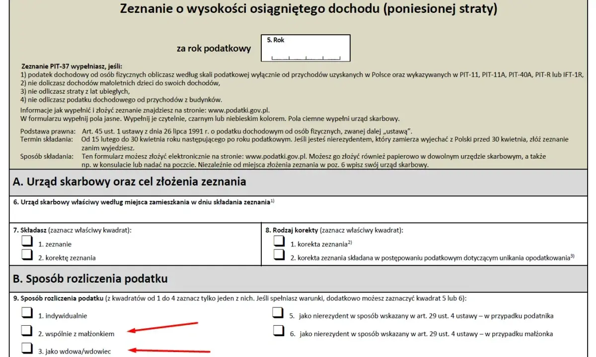 Zeznanie PIT-37. Zaznaczone opcje "wspólnie z małżonkiem" i "jako wdowa/wdowiec" sugerują, że dostałem dwa razy zwrot podatku.