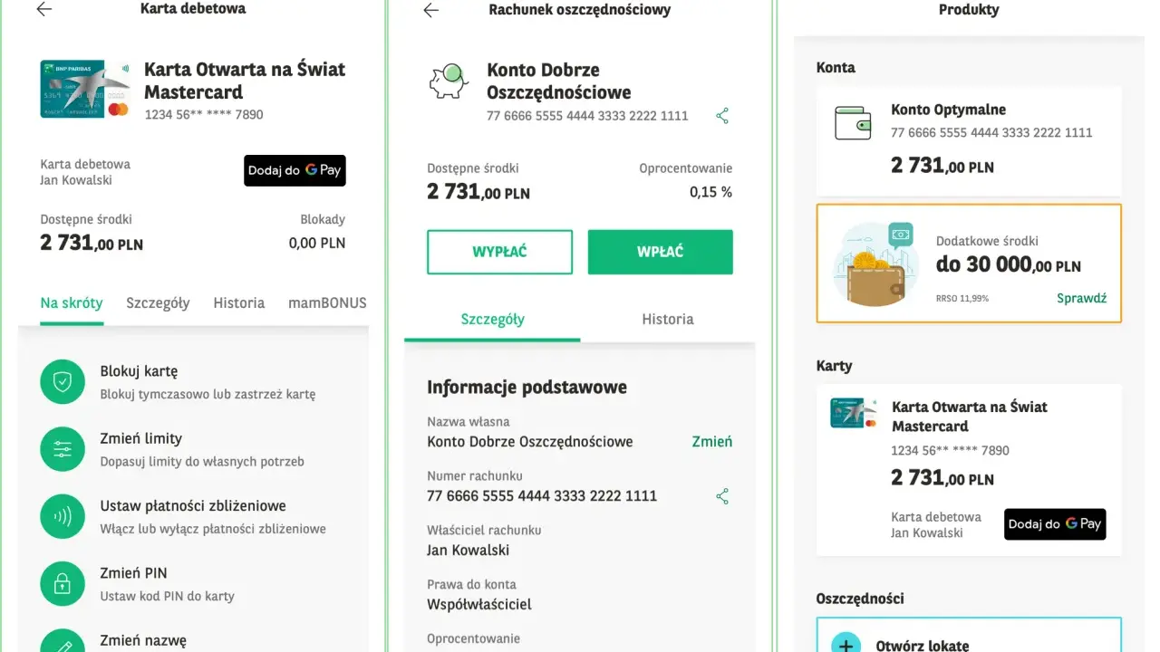 Aplikacja mobilna banku BNP Paribas z opcją blokady transakcji na karcie debetowej Mastercard Jana Kowalskiego.