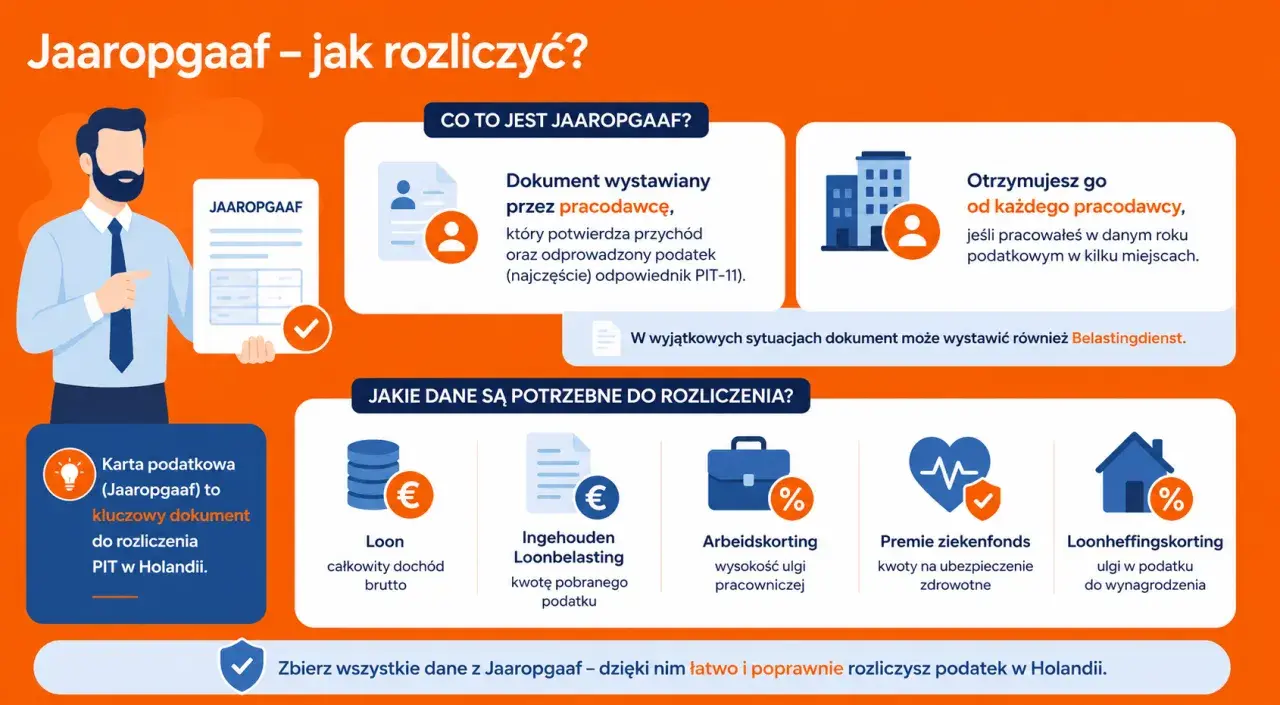 Karta podatkowa (Jaaropgaaf) to kluczowy dokument do rozliczenia PIT w Holandii. Belastingdienst wystawia go, by potwierdzić dochód i podatek.