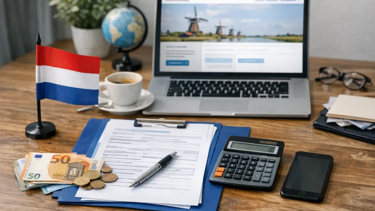 Holenderska flaga, euro i dokumenty na biurku sugerują starania o zasiłek dla bezrobotnych z Holandii w Polsce.