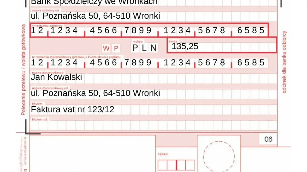 Polecenie zapłaty dla Jana Kowalskiego na kwotę 135,25 PLN do Banku Spółdzielczego we Wronkach, tytułem faktury VAT nr 123/12.