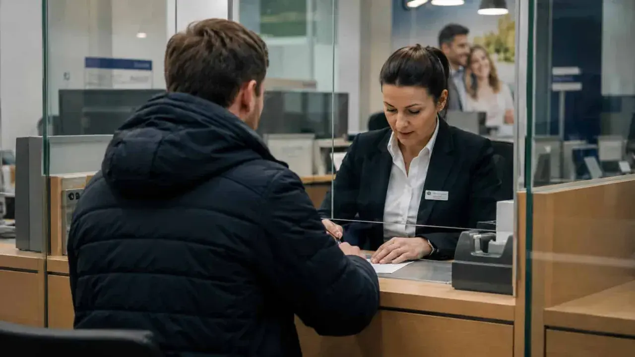 Mężczyzna w czarnej kurtce podpisuje dokumenty przy okienku bankowym. Pracownica banku pomaga mu w wypłacie spadku.