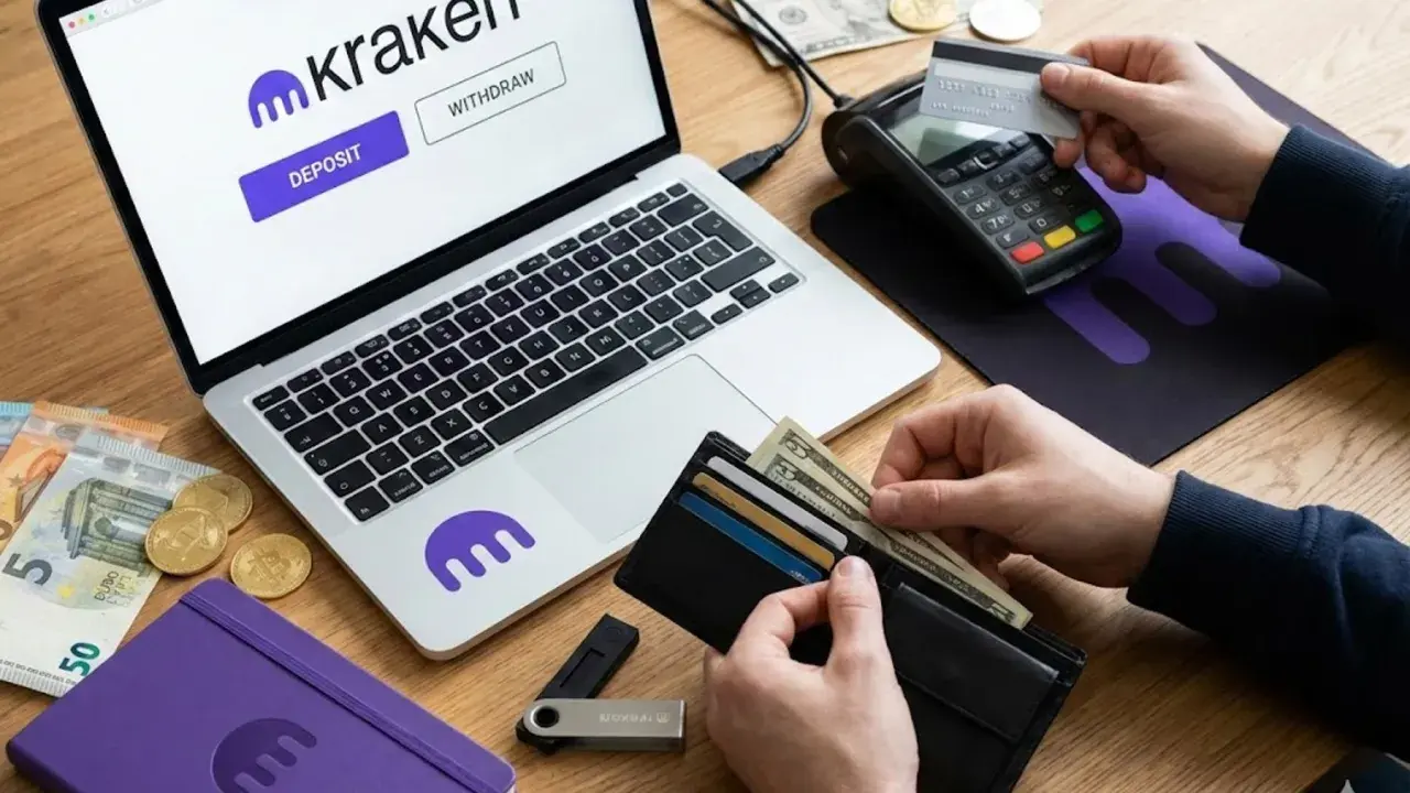 Jak wpłacić pieniądze na kartę? Na ekranie laptopa widoczny jest przycisk "Deposit" na platformie Kraken. Obok leżą pieniądze, karty i terminal płatniczy.