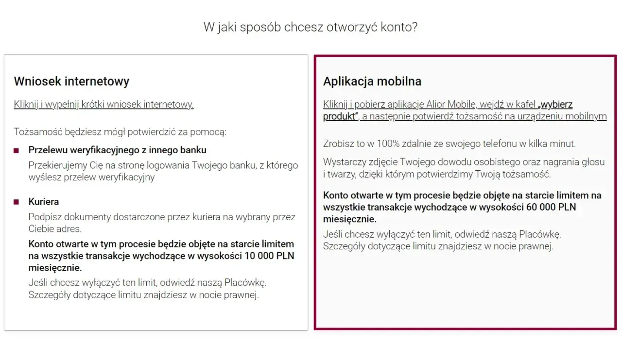 Limity przelewów Alior Bank: 10 000 PLN miesięcznie przy wniosku internetowym, 60 000 PLN przy aplikacji mobilnej.
