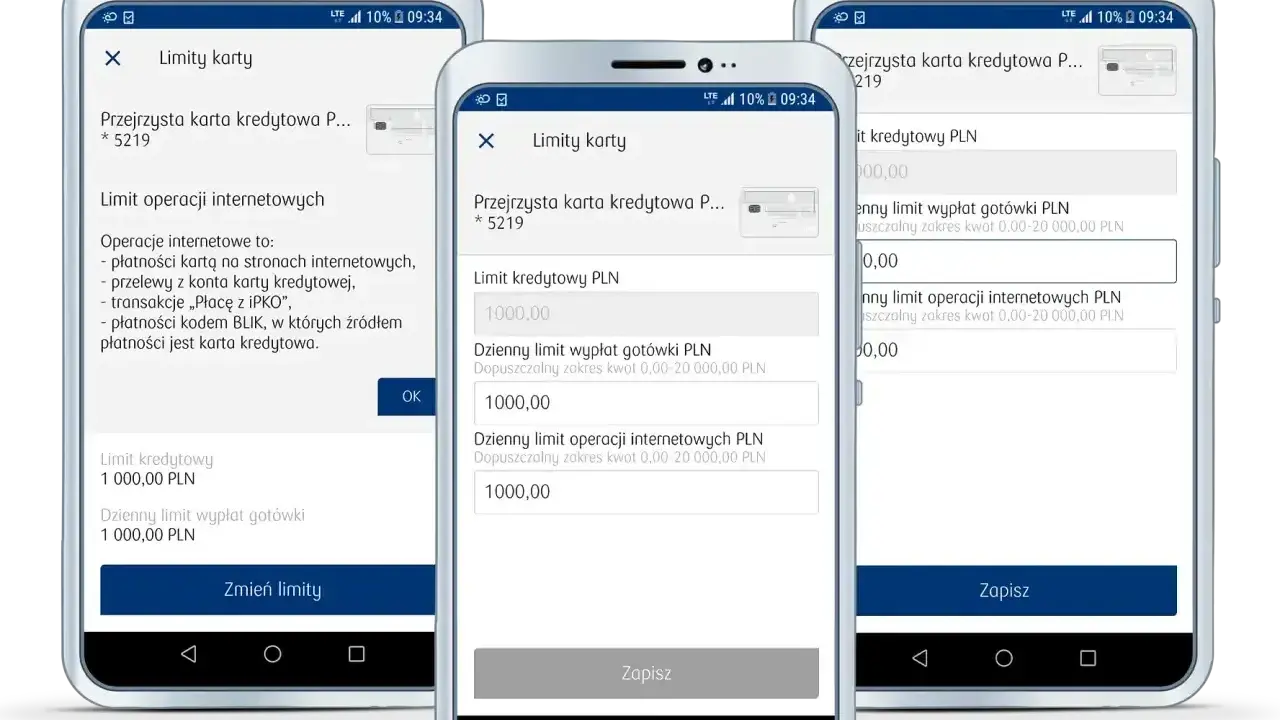 Jak zmienić limit dzienny w Pekao24? Widok aplikacji mobilnej z opcjami zarządzania limitami karty kredytowej.