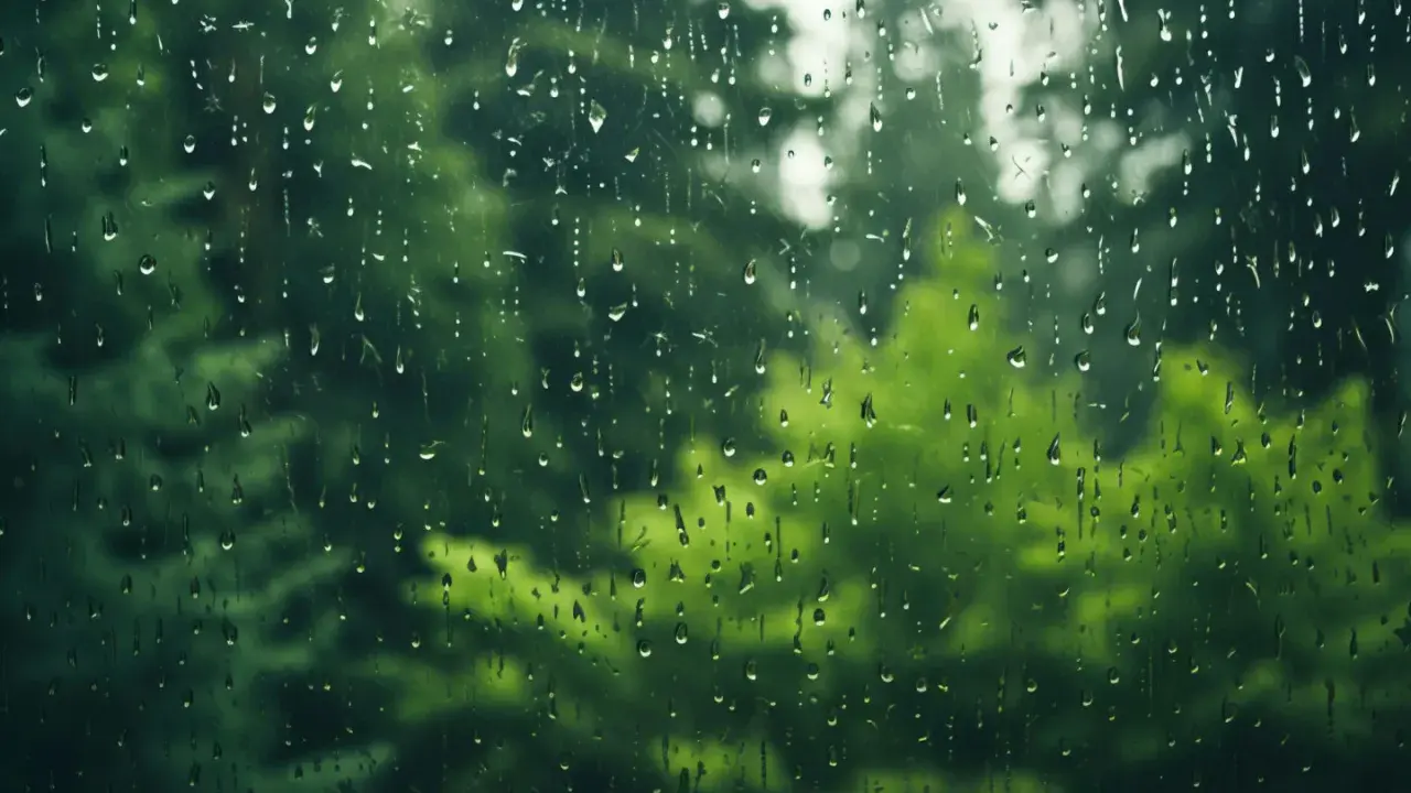Krople deszczu na szybie, za którą widać zielone drzewa. Jakby natura pobierała podatek od deszczu.