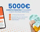Mężczyzna z radością pokazuje plik banknotów 100 euro. Obok telefon z aplikacją "Kalkulator" i hasło "Zwrot podatku z Holandii". pd u1.