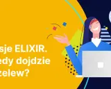 Uśmiechnięta kobieta z laptopem czeka na sesje ELIX. Kiedy dojdzie przelew? Zegar pokazuje, że czas płynie.