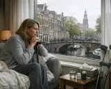 Kobieta z kulą opiera się o okno, patrząc na amsterdamski kanał. Obok niej leki, co sugeruje chorobowe w Holandii.