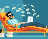Mężczyzna w okularach przeciwsłonecznych leży na leżaku, pracując na laptopie. Pieniądze spadają z góry, symbolizując sukces w tym, jak zarabiać w domu.