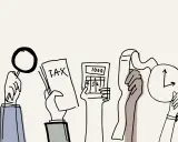Ręce trzymają lupę, dokument "TAX", kalkulator i zegar. Rozważasz podatki w Niemczech?