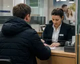Mężczyzna w czarnej kurtce podpisuje dokumenty przy okienku bankowym. Pracownica banku pomaga mu w wypłacie spadku.
