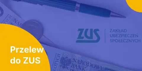Przelew do ZUS: pieniądze, długopis i logo ZUS. Tytuł przelewu do ZUS jest kluczowy.
