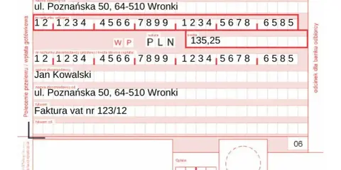 Polecenie zapłaty dla Jana Kowalskiego na kwotę 135,25 PLN do Banku Spółdzielczego we Wronkach, tytułem faktury VAT nr 123/12.