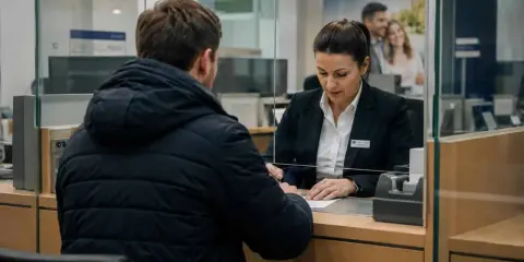 Mężczyzna w czarnej kurtce podpisuje dokumenty przy okienku bankowym. Pracownica banku pomaga mu w wypłacie spadku.