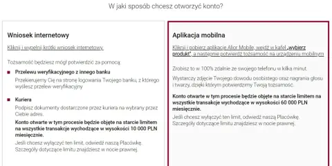 Limity przelewów Alior Bank: 10 000 PLN miesięcznie przy wniosku internetowym, 60 000 PLN przy aplikacji mobilnej.