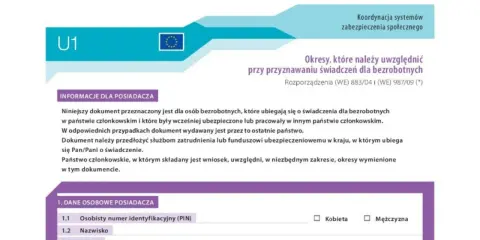 Formularz U1 - dokument dla bezrobotnych ubiegających się o świadczenia w innym kraju UE. Zawiera dane osobowe posiadacza.