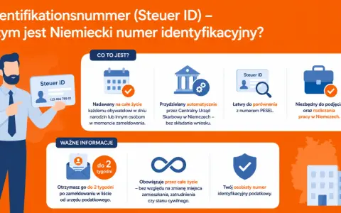 Niemiecki numer identyfikacyjny Steuer ID to Twój osobisty numer podatkowy, niezbędny do pracy w Niemczech. Otrzymasz go po zameldowaniu.