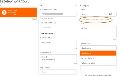 Przelew walutowy z PLN na EUR. Kwota 10 EUR to 44,72 PLN. Czas realizacji: Standardowy.