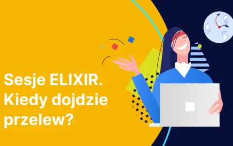 Uśmiechnięta kobieta z laptopem czeka na sesje ELIX. Kiedy dojdzie przelew? Zegar pokazuje, że czas płynie.