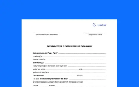 Formularz "Zaświadczenie o zatrudnieniu i zarobkach" z polami do wypełnienia, pomocny przy tym, jak wypełnić zaświadczenie o dochodach.