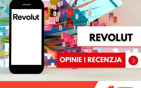 Telefon z logo Revolut, gotowy do revolut płatność telefonem. Tło z cyframi i kolorowymi blokami.