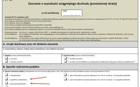 Zeznanie PIT-37. Zaznaczone opcje "wspólnie z małżonkiem" i "jako wdowa/wdowiec" sugerują, że dostałem dwa razy zwrot podatku.