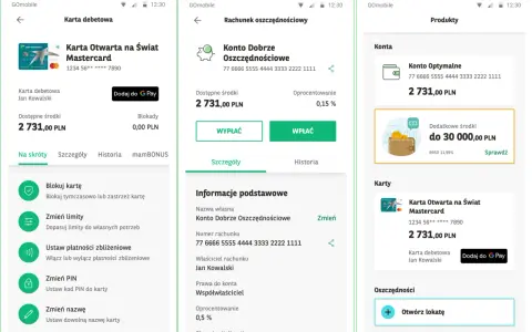 Aplikacja mobilna banku BNP Paribas z opcją blokady transakcji na karcie debetowej Mastercard Jana Kowalskiego.