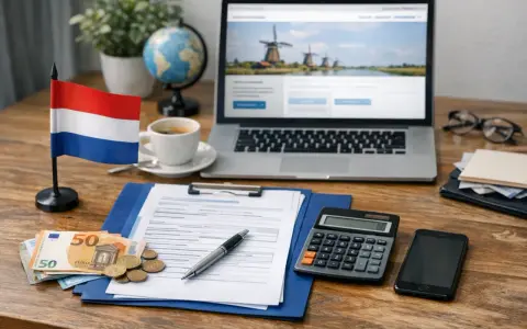 Holenderska flaga, euro i dokumenty na biurku sugerują starania o zasiłek dla bezrobotnych z Holandii w Polsce.