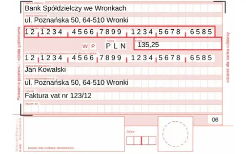 Polecenie zapłaty dla Jana Kowalskiego na kwotę 135,25 PLN do Banku Spółdzielczego we Wronkach, tytułem faktury VAT nr 123/12.