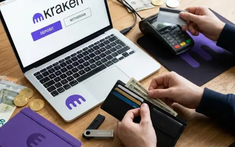 Jak wpłacić pieniądze na kartę? Na ekranie laptopa widoczny jest przycisk "Deposit" na platformie Kraken. Obok leżą pieniądze, karty i terminal płatniczy.