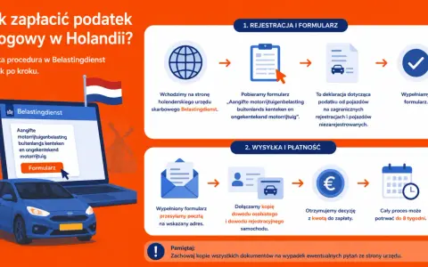 Jak zapłacić podatek drogowy w Holandii? Schemat pokazuje procedurę: rejestracja, pobranie formularza, wypełnienie, wysyłka i płatność.