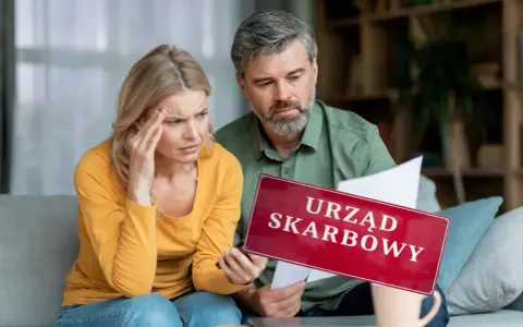 Para zmartwiona analizuje dokumenty, trzymając tabliczkę "Urząd Skarbowy". Rozważają wspólne rozliczenie bez ślubu.