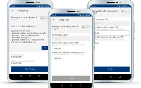 Jak zmienić limit dzienny w Pekao24? Widok aplikacji mobilnej z opcjami zarządzania limitami karty kredytowej.