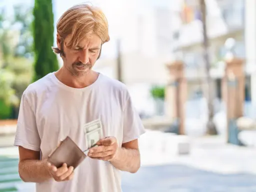 Mężczyzna z wąsami i blond włosami przegląda pieniądze w portfelu. Zastanawia się, co to jest loonheffing, gdy widzi banknoty.