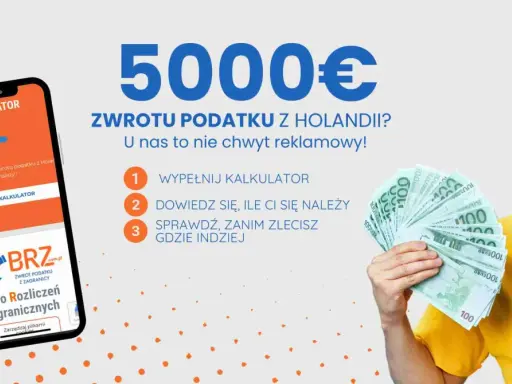 Mężczyzna z radością pokazuje plik banknotów 100 euro. Obok telefon z aplikacją "Kalkulator" i hasło "Zwrot podatku z Holandii". pd u1.