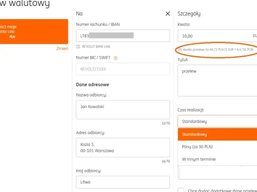 Przelew walutowy z PLN na EUR. Kwota 10 EUR to 44,72 PLN. Czas realizacji: Standardowy.