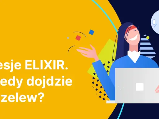 Uśmiechnięta kobieta z laptopem czeka na sesje ELIX. Kiedy dojdzie przelew? Zegar pokazuje, że czas płynie.