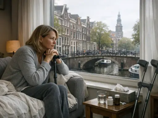 Kobieta z kulą opiera się o okno, patrząc na amsterdamski kanał. Obok niej leki, co sugeruje chorobowe w Holandii.