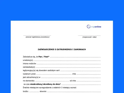 Formularz "Zaświadczenie o zatrudnieniu i zarobkach" z polami do wypełnienia, pomocny przy tym, jak wypełnić zaświadczenie o dochodach.