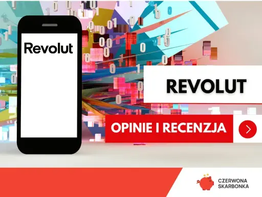 Telefon z logo Revolut, gotowy do revolut płatność telefonem. Tło z cyframi i kolorowymi blokami.