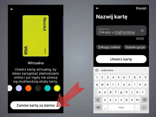 Ekran aplikacji Revolut: tworzenie wirtualnej karty. Szybkie zamawianie karty, by uniknąć stresu. Ile się czeka na kartę Revolut? Wirtualna karta jest dostępna od razu.