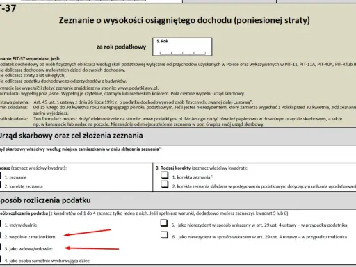 Zeznanie PIT-37. Zaznaczone opcje "wspólnie z małżonkiem" i "jako wdowa/wdowiec" sugerują, że dostałem dwa razy zwrot podatku.