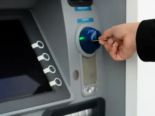 Dłoń wkłada kartę do bankomatu, próbując uzyskać dostęp do środków, ale konto bankowe jest zablokowane.