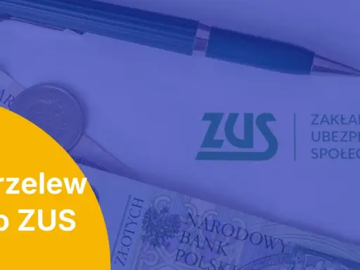 Przelew do ZUS: pieniądze, długopis i logo ZUS. Tytuł przelewu do ZUS jest kluczowy.
